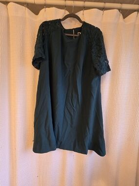 Julian Taylor Teal Shift Dress with Lace Sleeves